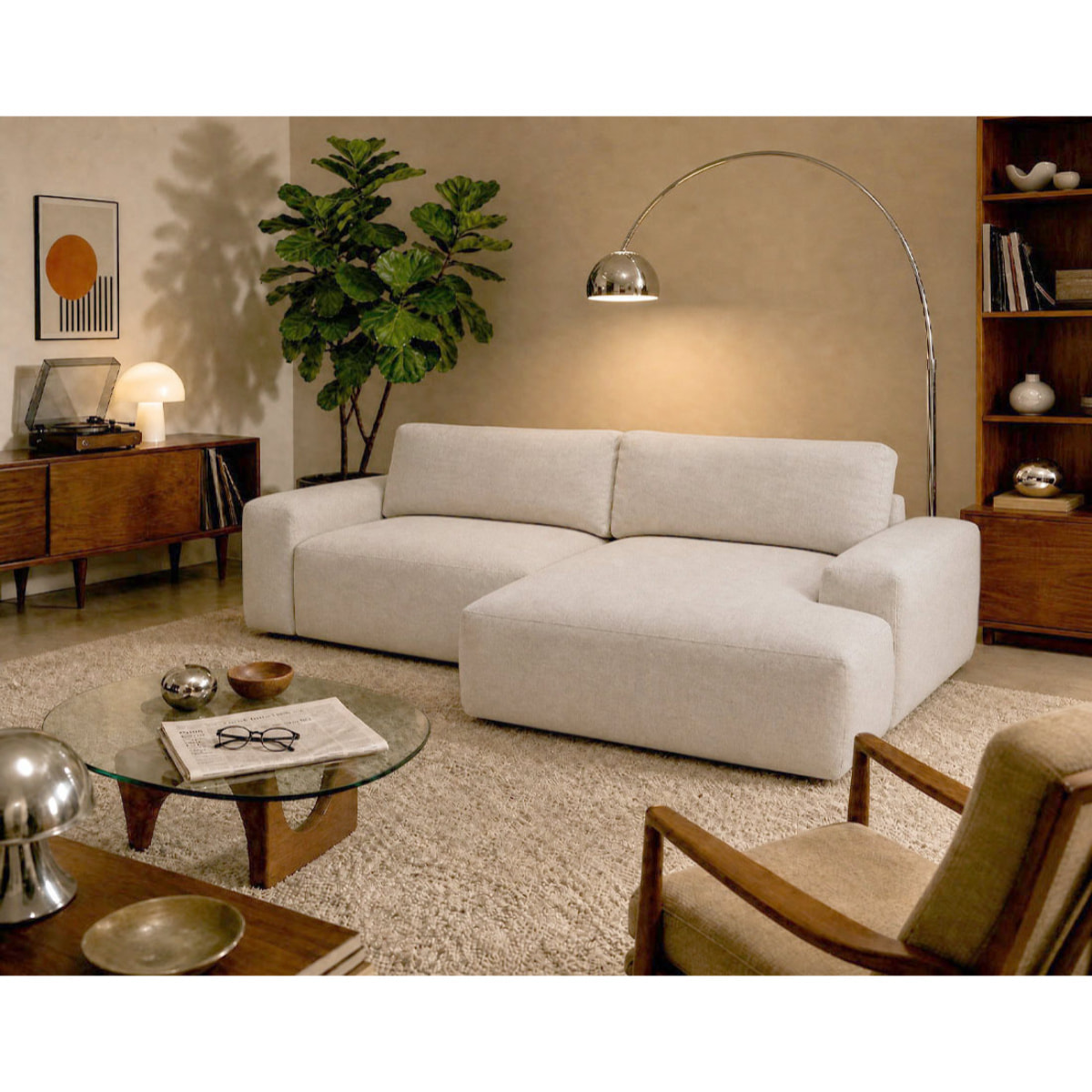 Tama - Canapé d'angle droit 4 places convertible avec coffre en tissu - Beige