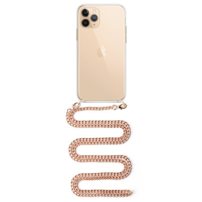 Carcasa transparente iPhone 11 Pro Max con colgante cadena metálica. Accesorio de moda, ajuste perfecto y máxima protección