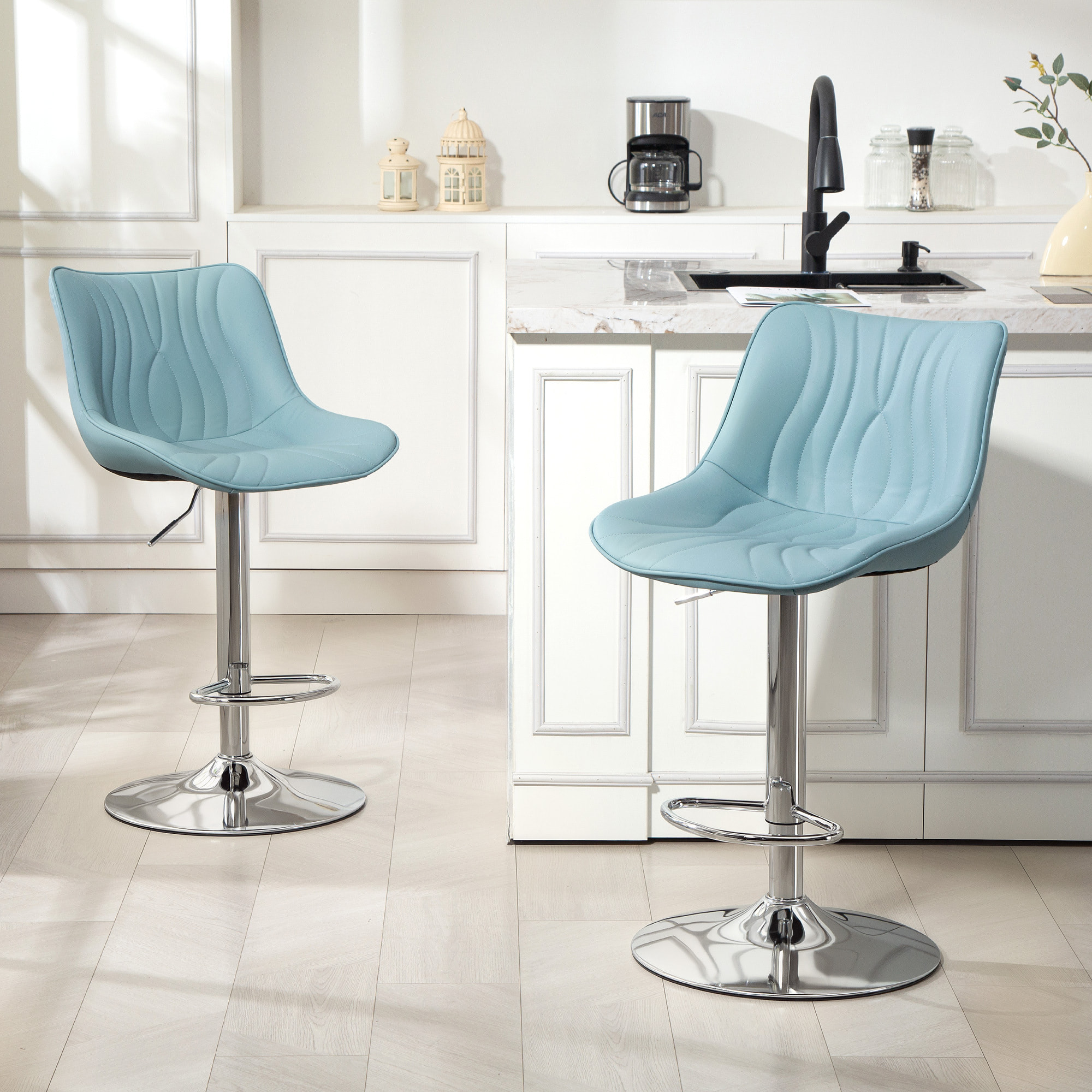 Lot de 2 tabourets de bar design réglables pivotants H.92-110 cm revêtement synthétique bleu