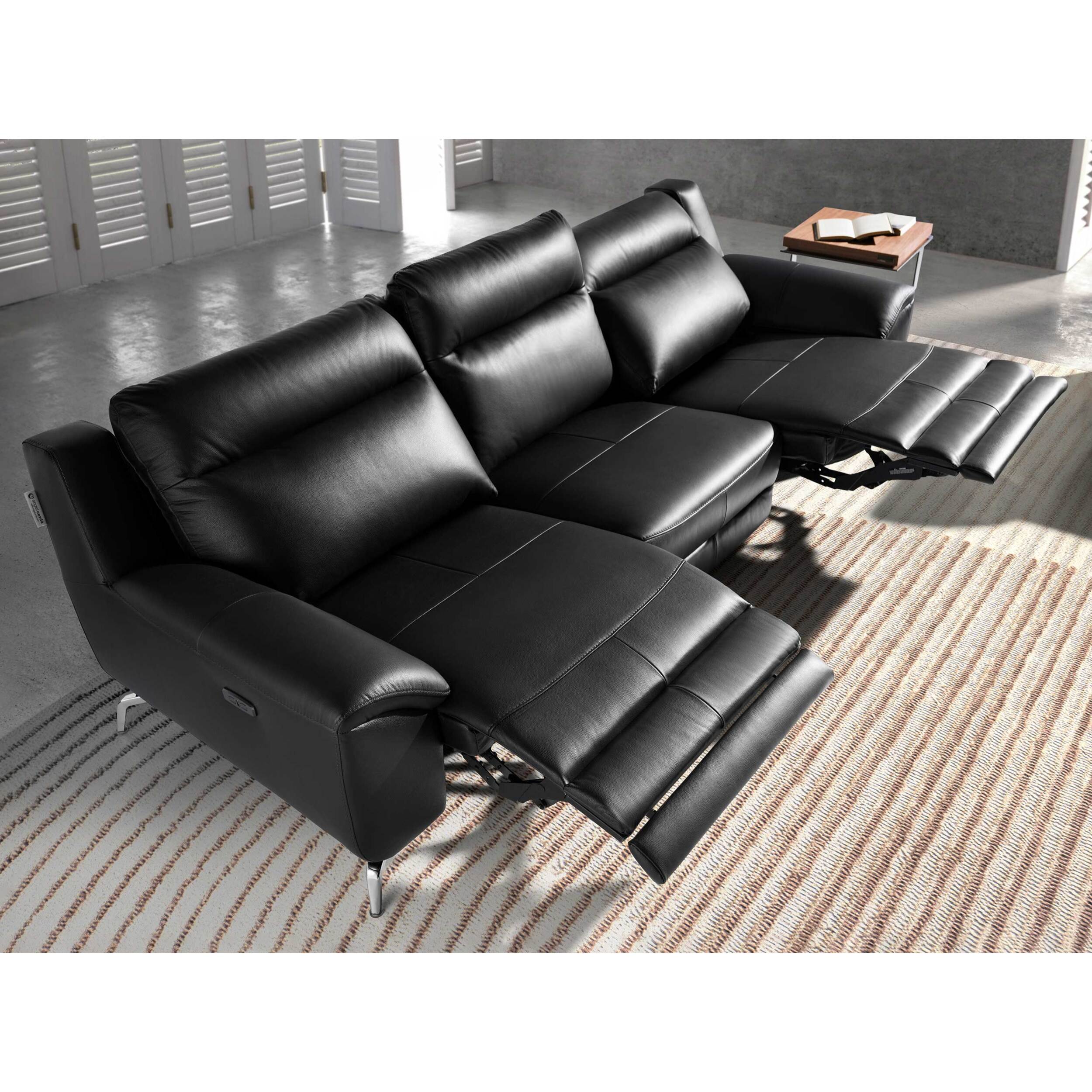 Sofá relax de 3 plazas tapizado en piel de origen vacuno en negro patas de acero inoxidable cromado 2 sistemas de relax eléctrico 264x93x92cm