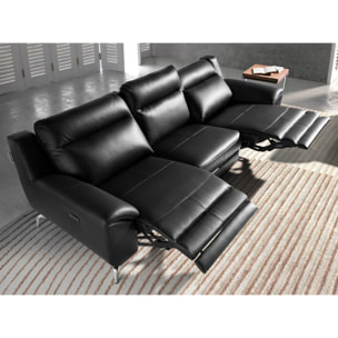 Sofá relax de 3 plazas tapizado en piel de origen vacuno en negro patas de acero inoxidable cromado 2 sistemas de relax eléctrico 264x93x92cm