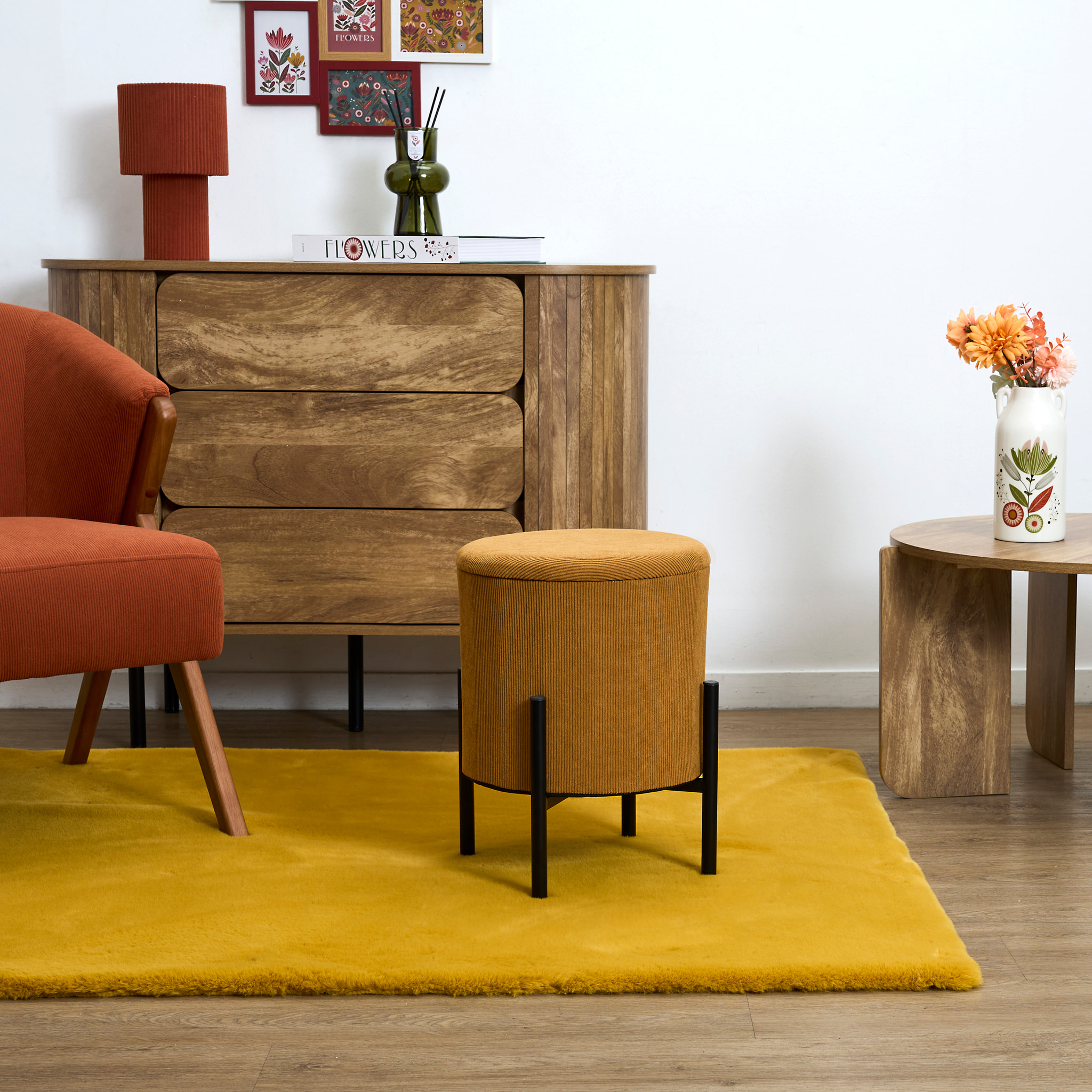 Lot de 4 Poufs - HOME DECO FACTORY - Jules - Rangement - Côtelé - Jaune