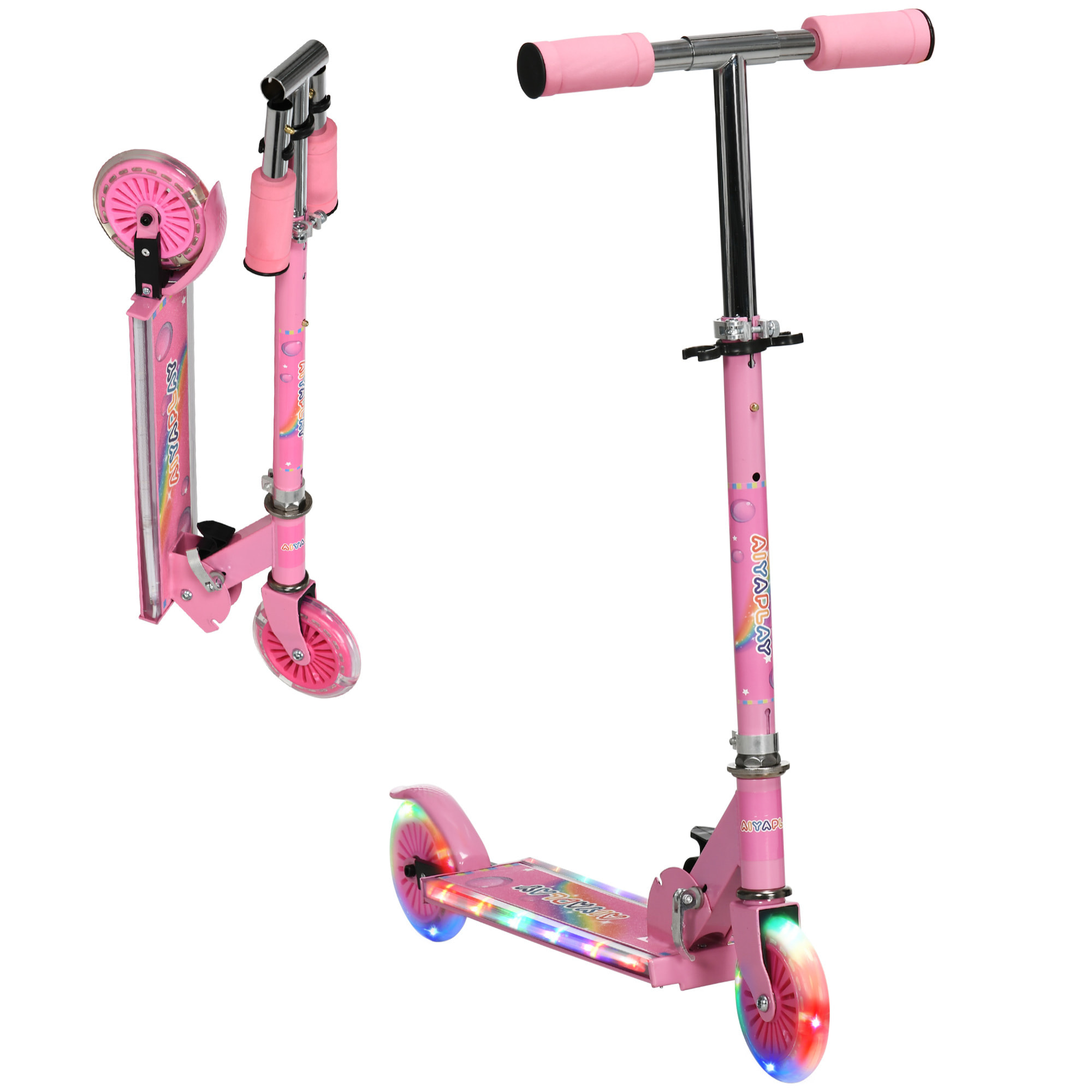 HOMCOM Patinete para Niños de 2 Ruedas, Patinete Infantil Plegable con Música 4 Altura Ajustable 65-78 cm Ruedas con Luces LED para Niños y Niñas de 3-7 Años Carga 50 kg Rosa