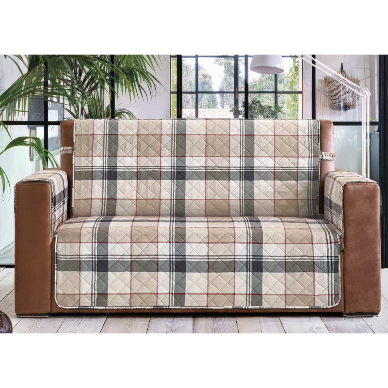 Copridivano Trapuntato Antimacchia Imbottito Quadri Scozzese Beige Modello Galles