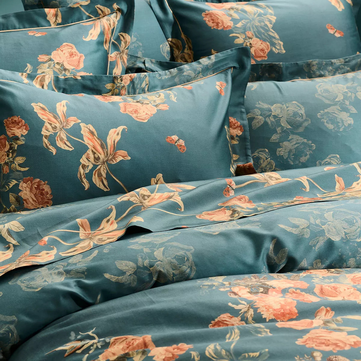 Housse de couette satin de coton 115 g/m² imprimé vert orange Roses d'automne vert anglais