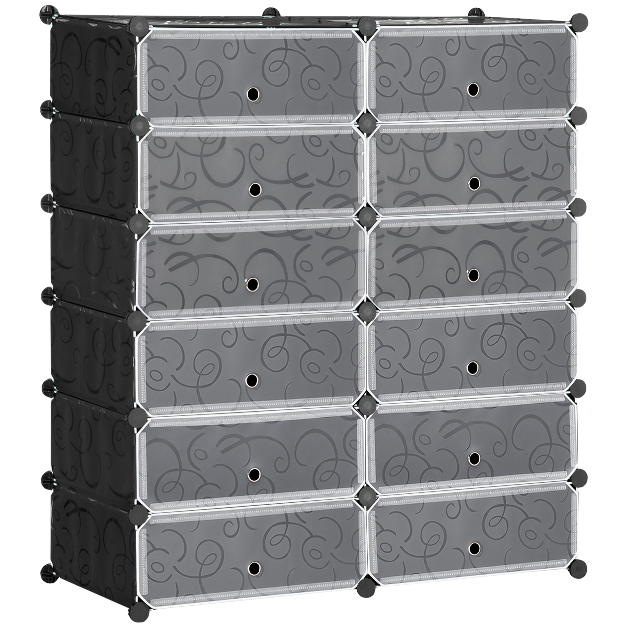 Meuble de rangement - meuble à chaussures modulable 12 casiers avec portes et étagères - dim. 94L x 37l x 108H cm - PP noir blanc