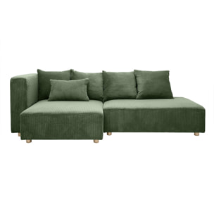 Canapé d'angle gauche 3 places en tissu velours côtelé vert kaki et bois clair HARLEM