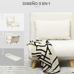 Sofá Cama de 1 Plaza 2 en 1, Sillón Cama Plegable Tapizado en Lino Sintético, con Respaldo Ajustable en 6 Niveles, Almohada, Patas de Madera, para Oficina, Dormitorio, Salón, 72x78x79 cm, Crema