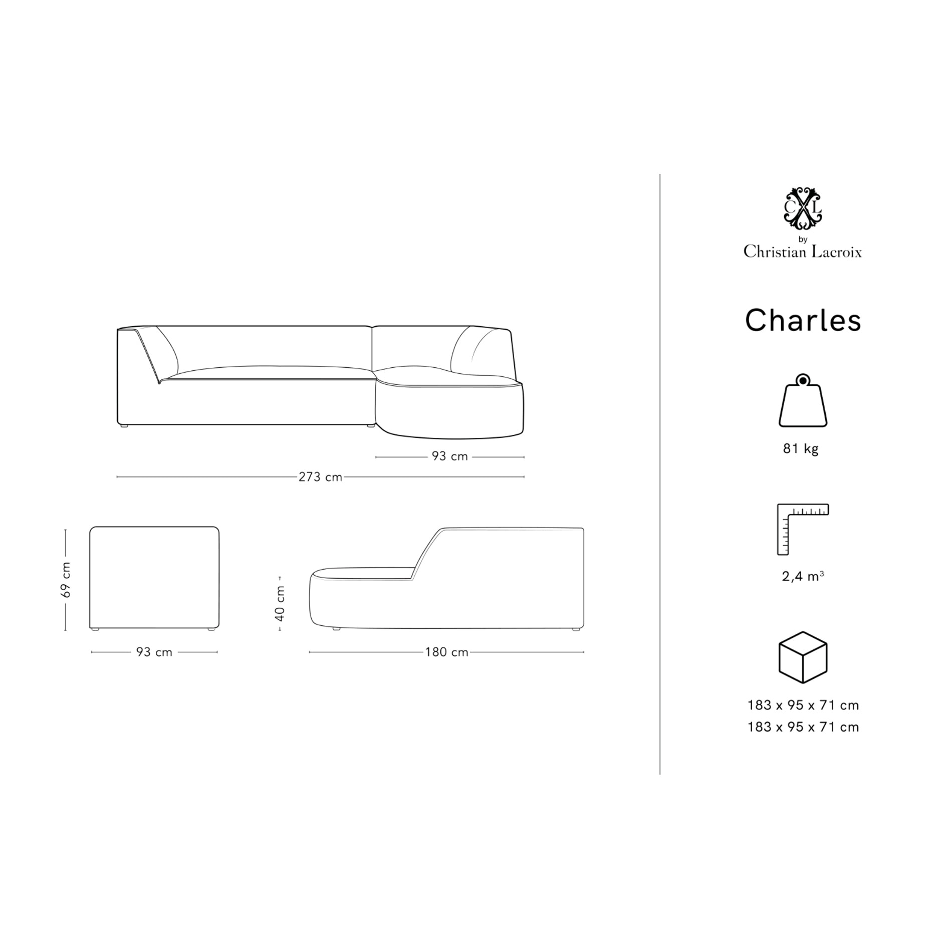 Canapé d'angle droit "Charles" 4 places en velours gris clair