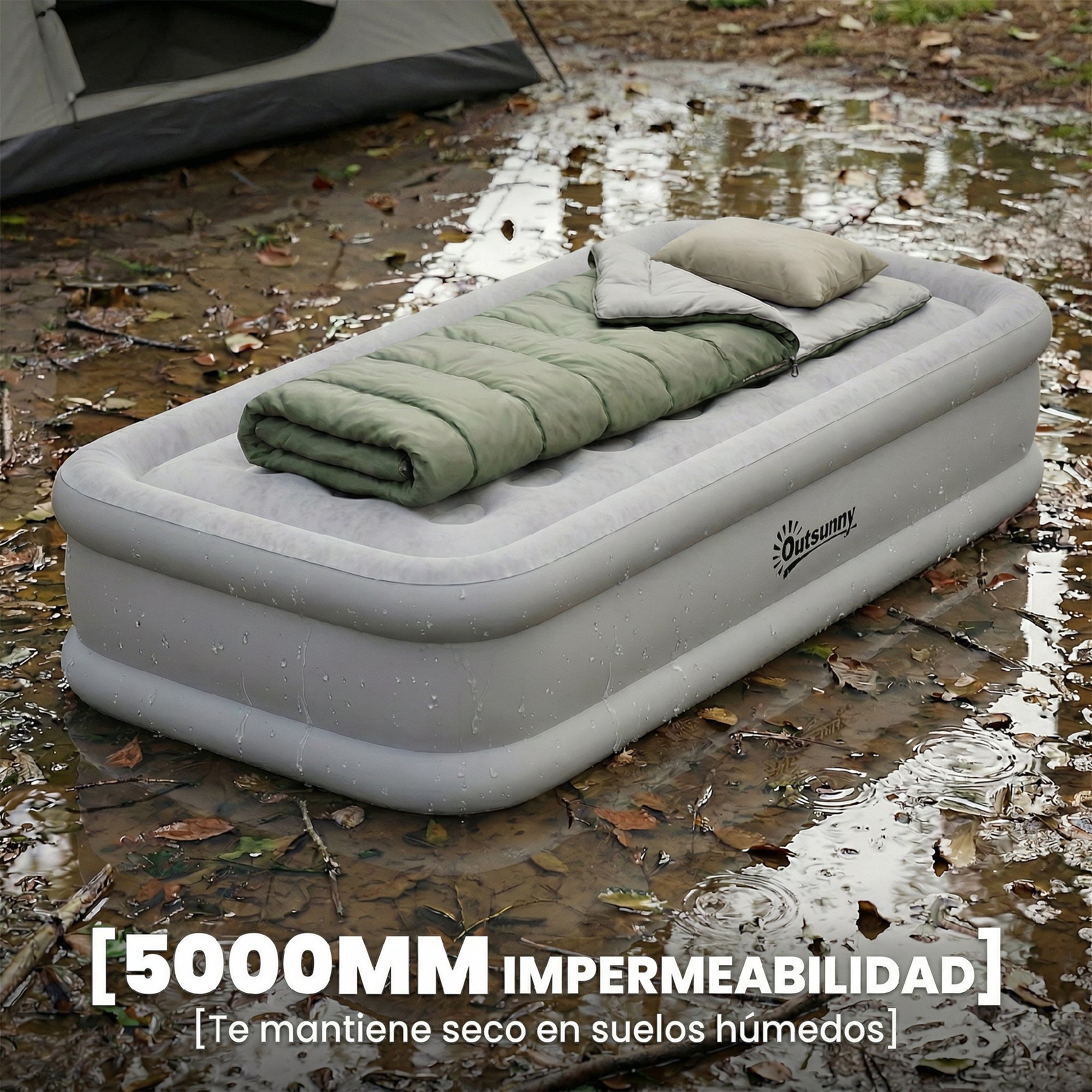 Colchón Hinchable Individual 190x97x39 cm con Bomba Integrada, Inflado 3 Min Desinflado 2 Min, Colchón Inflable Plegable Impermeable, Bolsa Transporte, Superficie Flocado, Carga 200 kg, Gris