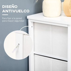 Cómoda de Dormitorio Cajonera de Estilo Bohemio con 4 Cajones de Tela Plegable Superficie de Ratán PE y Marco de Acero para Entrada Salón Pasillo 62x30x105 cm Blanco