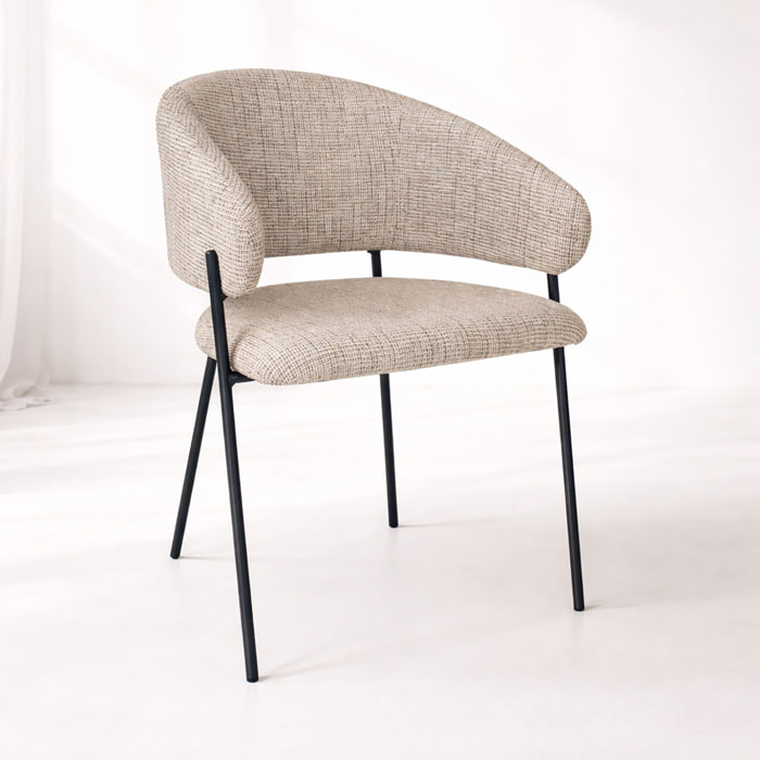Lot de 2 fauteuils de table en tissu taupe et pieds en métal noir EROS