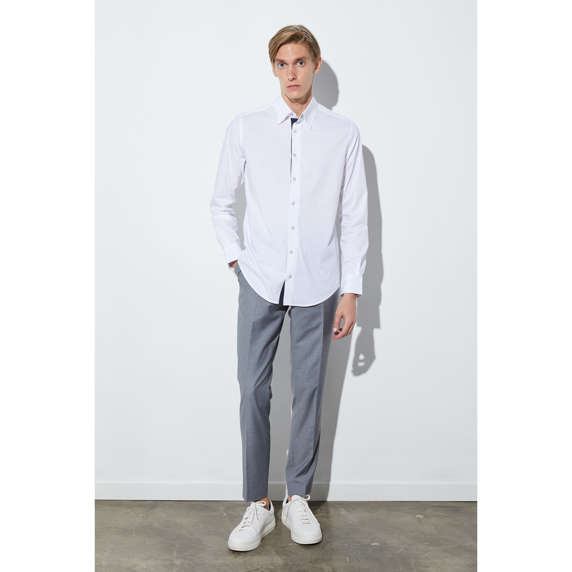 Camicia Uomo 1 Bottone Button Down Slim Popeline Stretch Unito Bianco