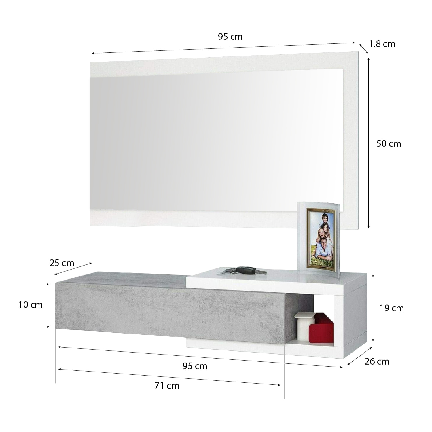 Mobile Maiorca Mobiletto da Ingresso Sospeso con Cassetto Mensola e Specchio Arredo Arredamento Sala 81 x 116 x 29 cm Bianco Lucido e Grigio Cemento