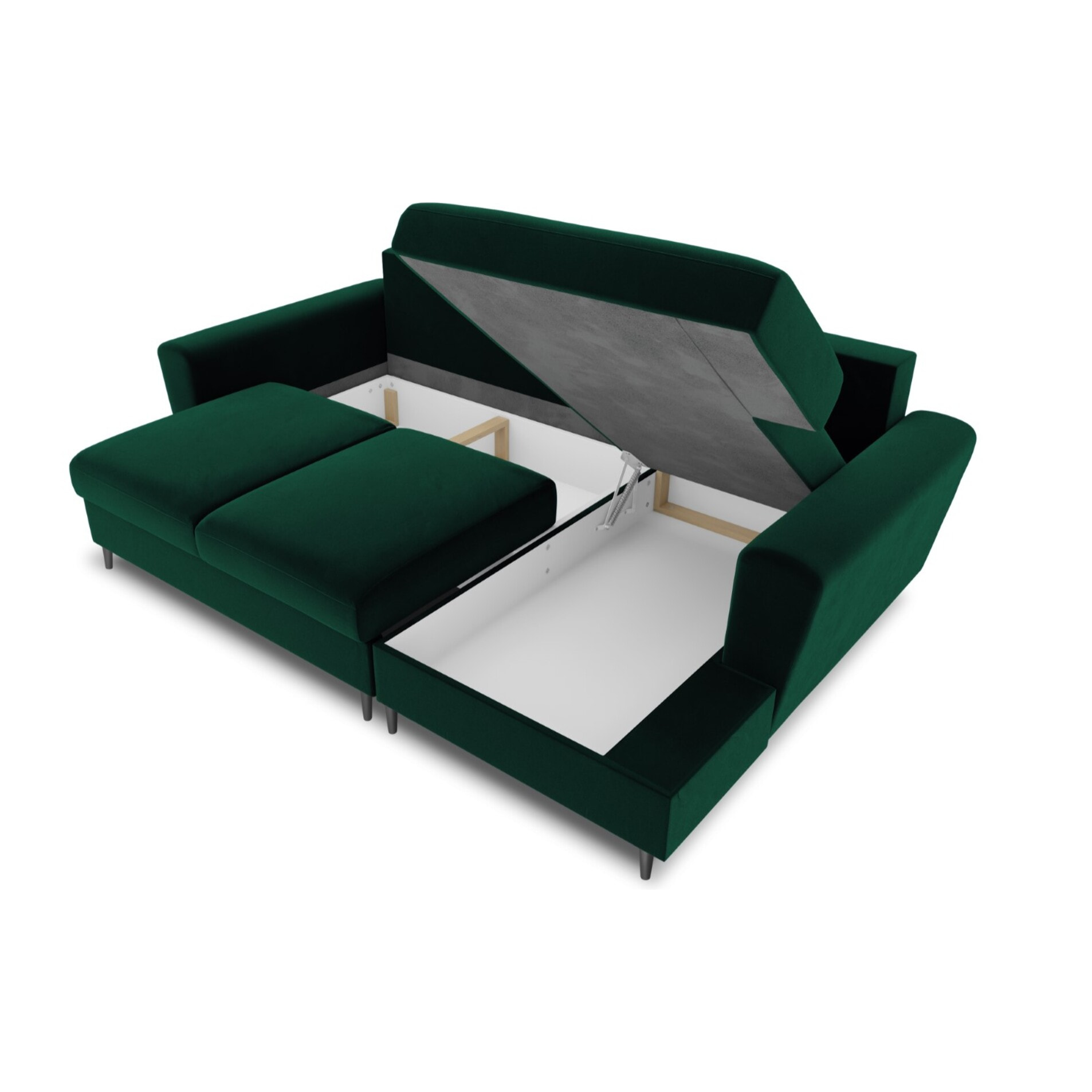 Canapé d'angle droit convertible avec coffre de rangement "Kyoto" 4 places en velours vert bouteille
