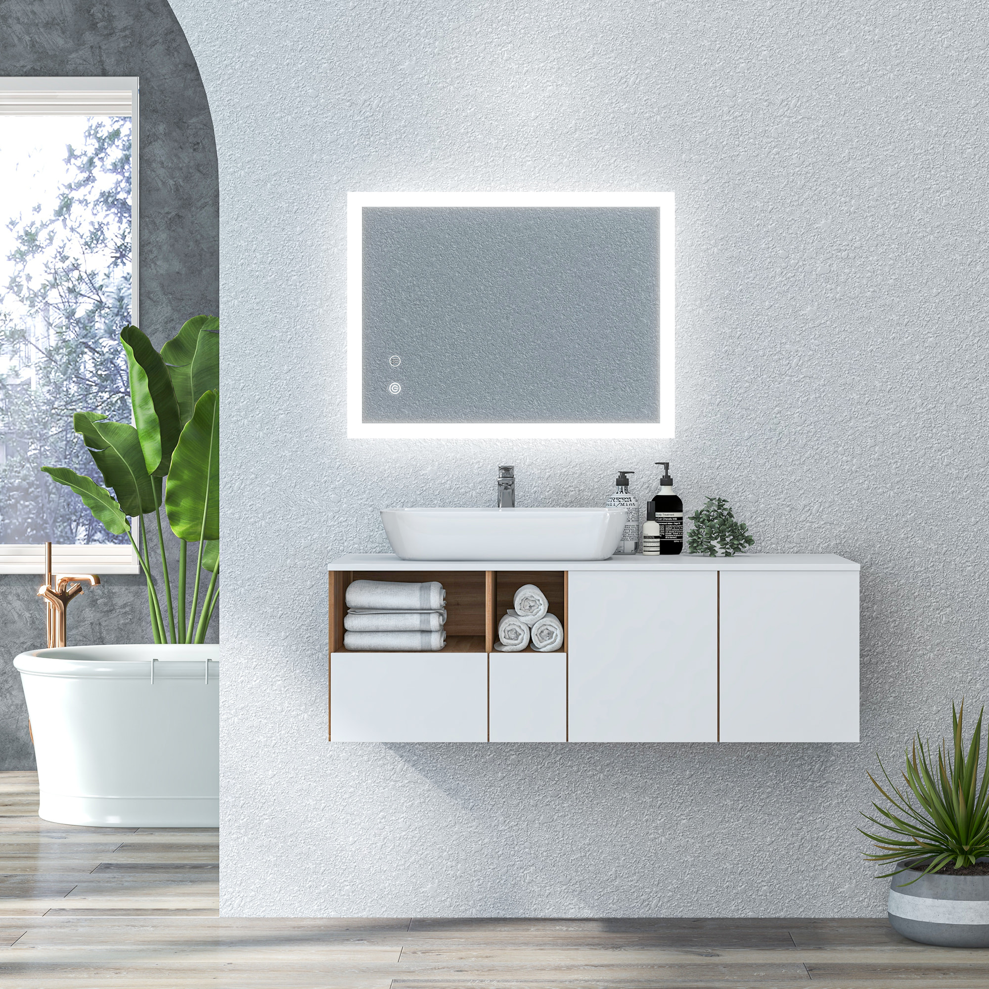 Miroir mural lumineux LED de salle de bain - 80 x 60 cm - avec 3 couleurs, luminosité réglable interrupteur tactile système antibuée transparent