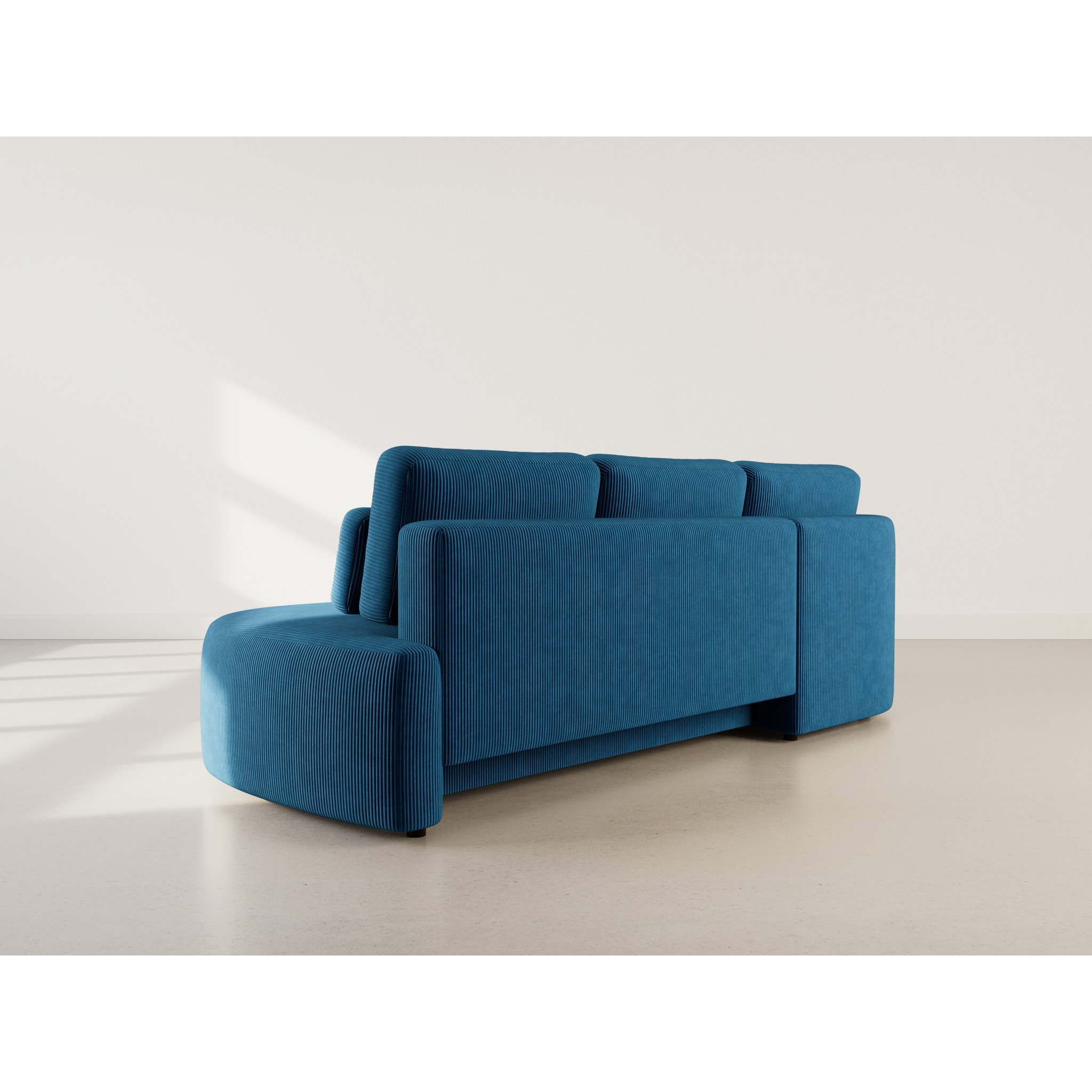 Mahina - canapé d'angle gauche 4 places convertible avec coffre en velours côtelé - Bleu