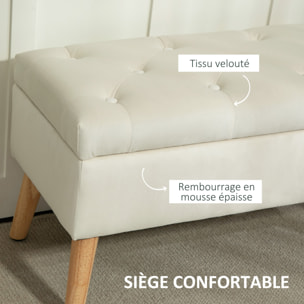 Banquette coffre design scandinave - piètement effilé bois assise effet capitonné velours crème