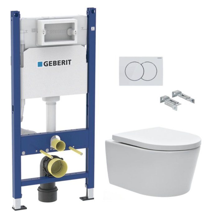 Pack WC sans bride SAT, fixations invisibles + Abattant softclose + Bâti support Geberit UP100 + Plaque blanche