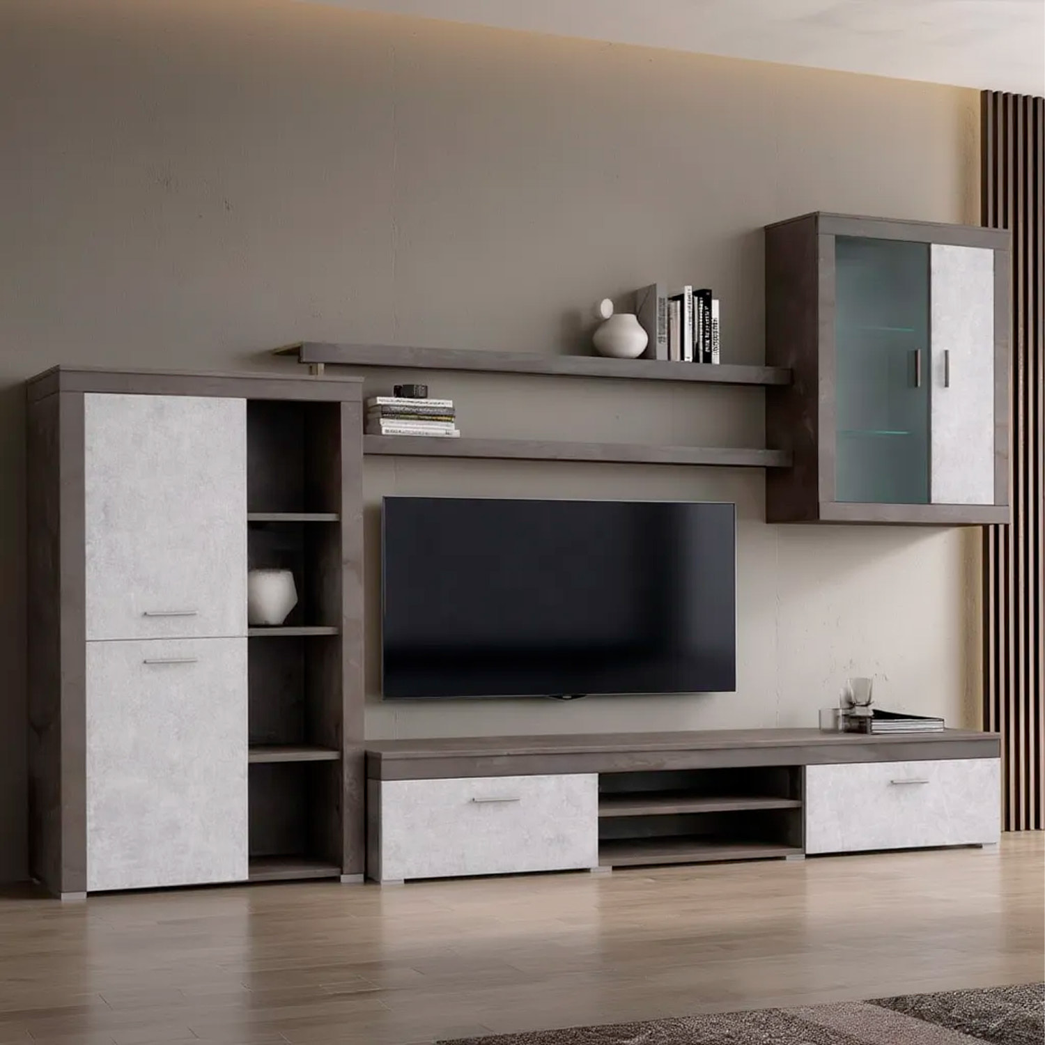 Parete Attrezzata Da Soggiorno Salotto Moderna Con Ante Mensole Vani A Giorno Vetrinetta Mobile TV 293 x 193 x 50 Cm Ossido E Grigio Cemento