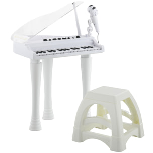 Jouet musical piano électronique - tabouret, micro et support - clavier 37 touches, effet lumineux, nombreux modes - PP blanc