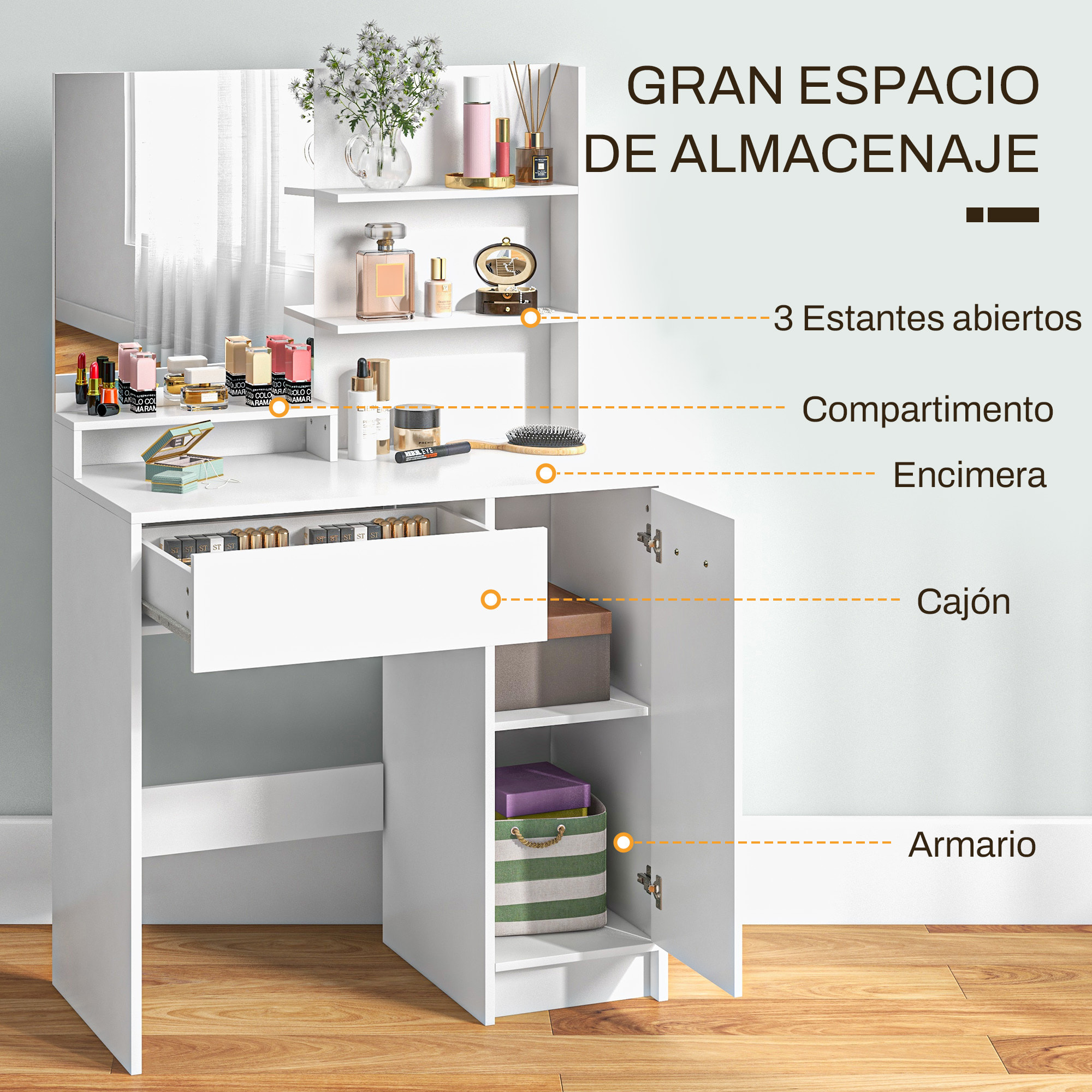 Tocador de Maquillaje con Taburete Mesa de Maquillaje con Espejo Estantes Abiertos Cajón y Estante Ajustable Anti-vuelco para Dormitorio Salón Blanco