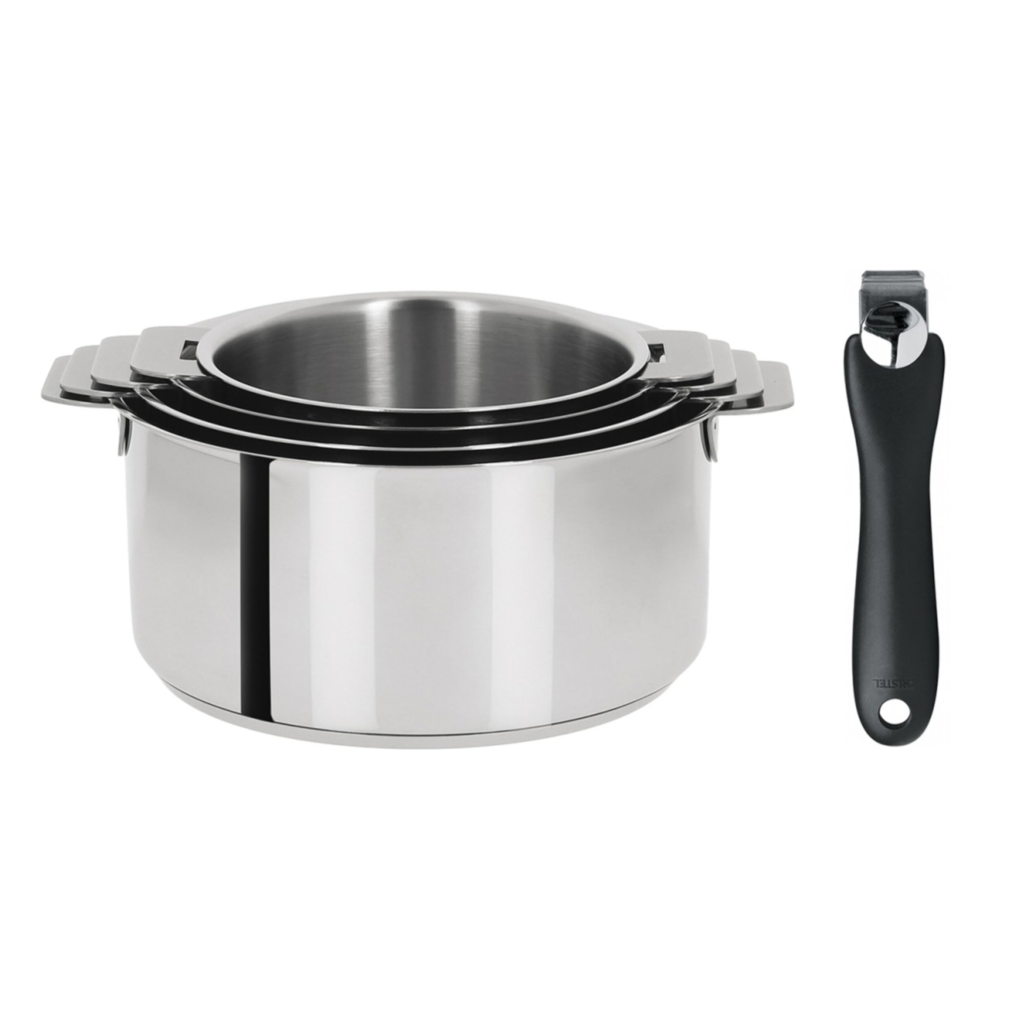 Série 4 casseroles inox + 1 poignée amovible noire Cookway Inox  diamètre 14, 16, 18 et 20cm