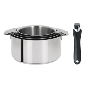 Série 4 casseroles inox + 1 poignée amovible noire Cookway Inox  diamètre 14, 16, 18 et 20cm