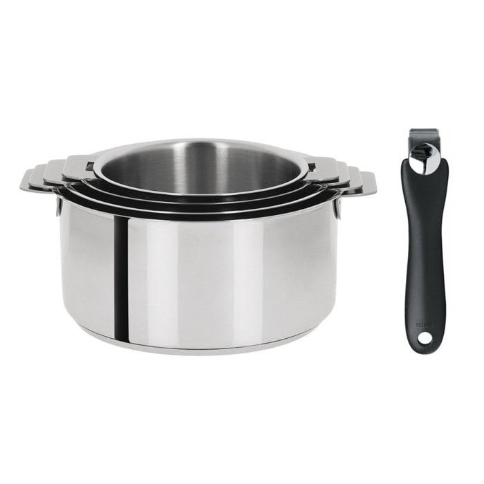 Série 4 casseroles inox + 1 poignée amovible noire Cookway Inox  diamètre 14, 16, 18 et 20cm