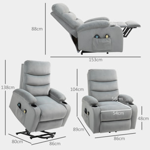 Fauteuil releveur massant chauffant inclinable - télécommande 4 modes 8 points - velours gris clair