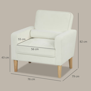 Sillón de Salón Tapizado en Terciopelo Butaca de Salón de 76 cm con Asiento Capitoné 1 Almohada y Patas de Madera para Espacios Pequeños Dormitorio Sala de Estar Oficina Crema