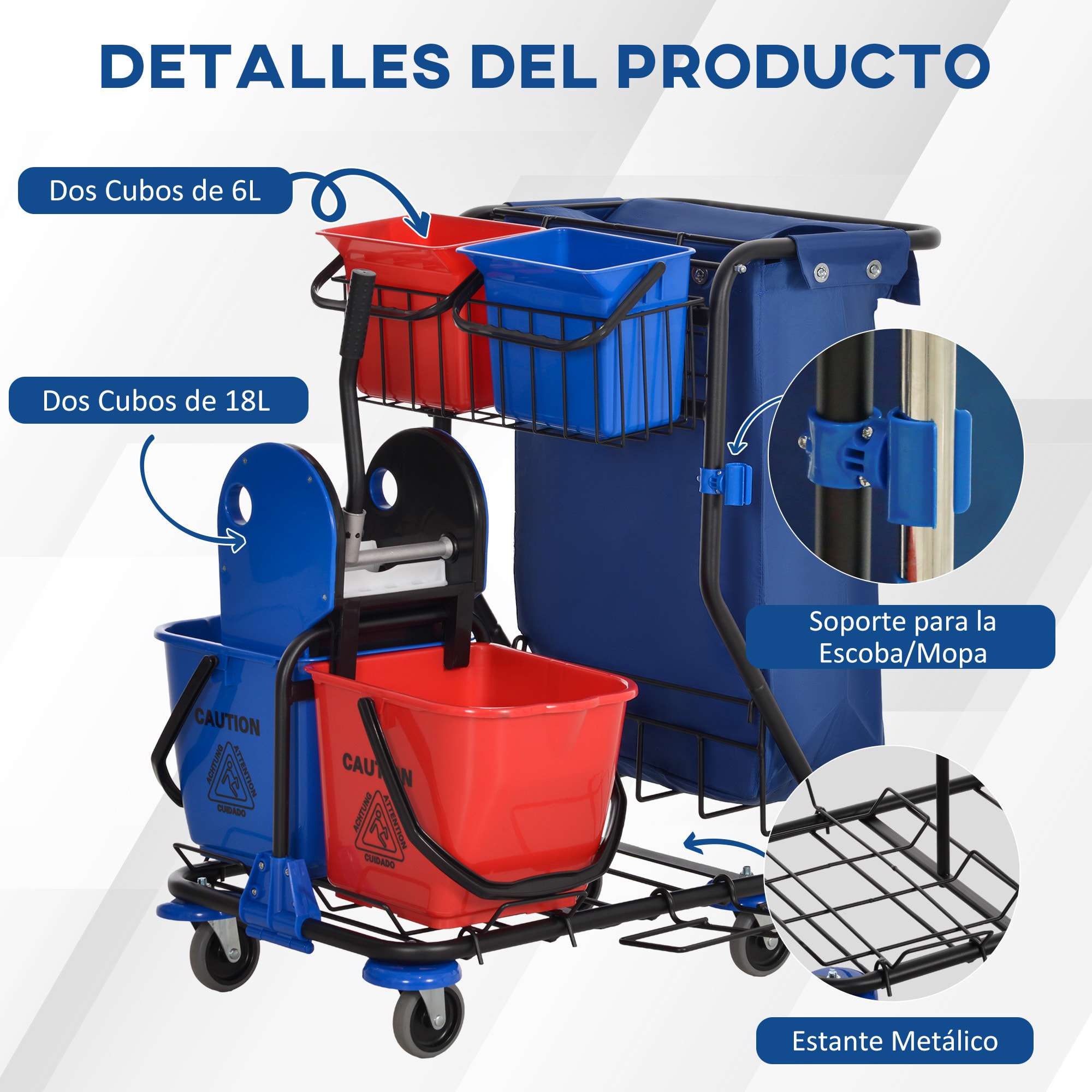 Carro de Limpieza con Bolsa de Basura Carro de Servicio con Doble Cubo de 18 Litros Escurridor de Prensa 2 Cubetas Auxiliares 93x80x97 cm Rojo y Azul