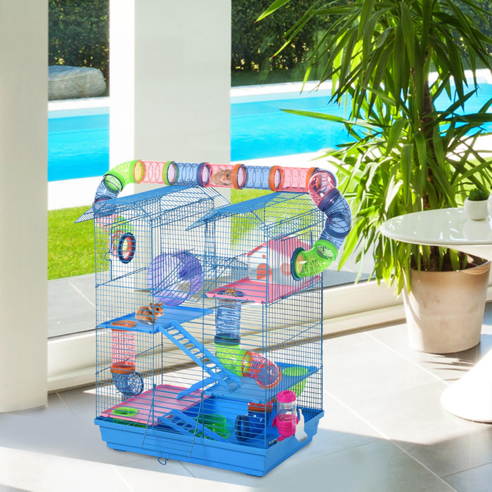 Cage pour Hamster Souris Petit Animaux Rongeur avec Tunnel Mangeoire Roue Jouet 47 x 30 x 59 cm cm Bleu