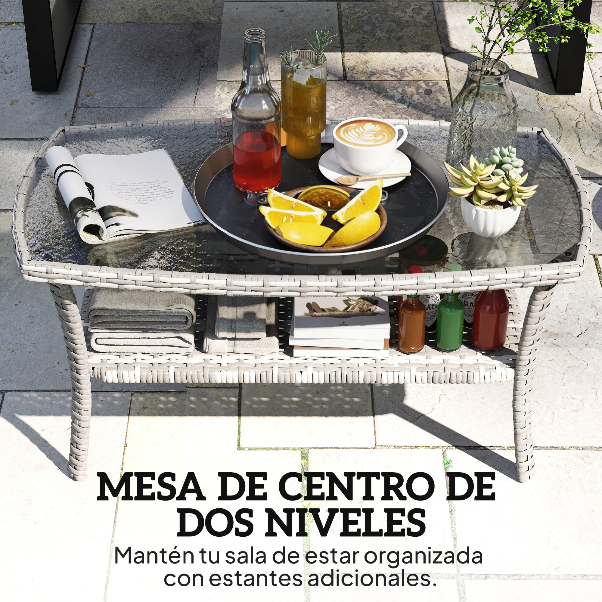 Mesa de Jardín Exterior de Ratán con Estante, Mesita Auxiliar de Jardín Rectangular, Tablero de Vidrio Templado con Ondas, Estructura de Acero, para Terraza, Patio, 90x50x45 cm, Gris Oscuro