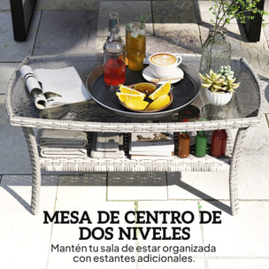 Mesa de Jardín Exterior de Ratán con Estante, Mesita Auxiliar de Jardín Rectangular, Tablero de Vidrio Templado con Ondas, Estructura de Acero, para Terraza, Patio, 90x50x45 cm, Gris Oscuro