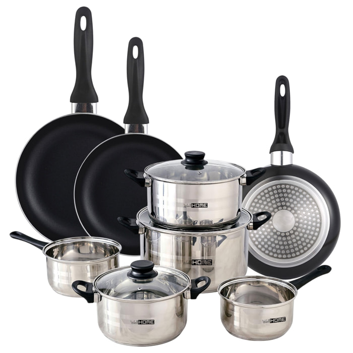 set de batería de cocina de 8pc en acero inoxidable + 3 sartenes ø16ø20ø24cm negro en aluminio prensado