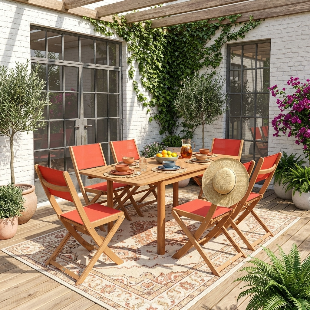Table de jardin extensible bois d'eucalyptus + 6 assises ARBO + ALMERIA