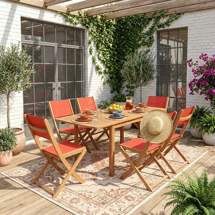 Table de jardin extensible bois d'eucalyptus + 6 assises ARBO + ALMERIA