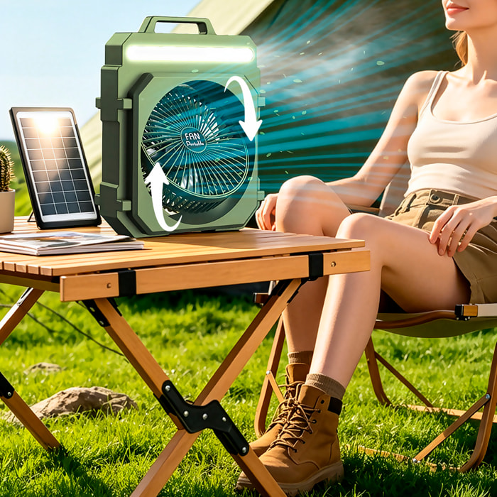 Ventilador para exteriores F33. 5 velocidades y 3 niveles de luz LED. Con batería de larga duración, función powerbank y panel solar incluido.