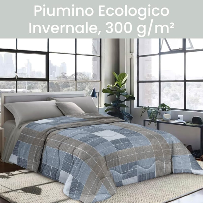 INTRECCI Piumino Matrimoniale, 260 x 260 cm, Piumino Ecologico, Caldo, Invernale, 300 g/m², Anallergico e Antiacaro, Made in Italy, Lavabile in Lavatrice, Soffice, Morbido. Fantasia: Quadri Blu
