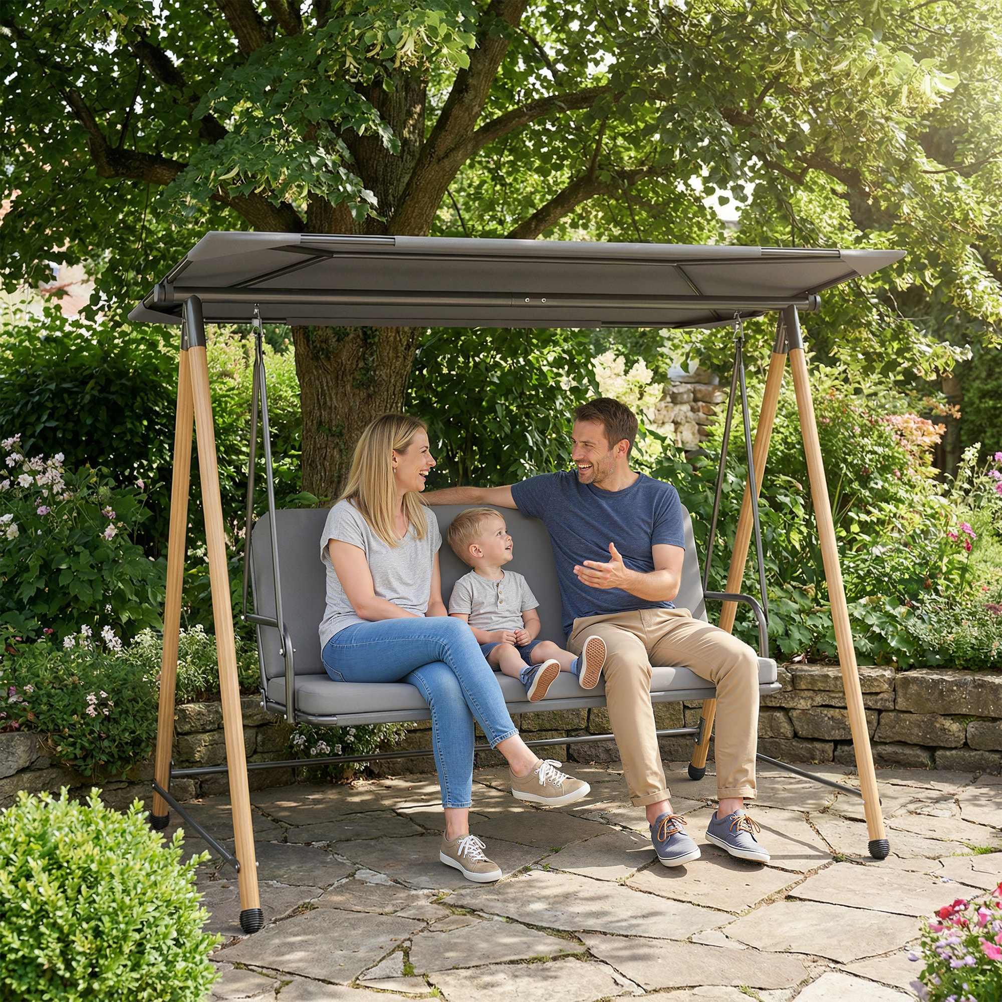 Balancelle de jardin 3 places design structure acier effet bois auvent réglable gris