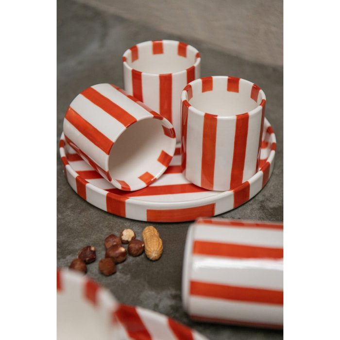 J-Line boîte de 4 tasses lignées - grès - cognac/blanc