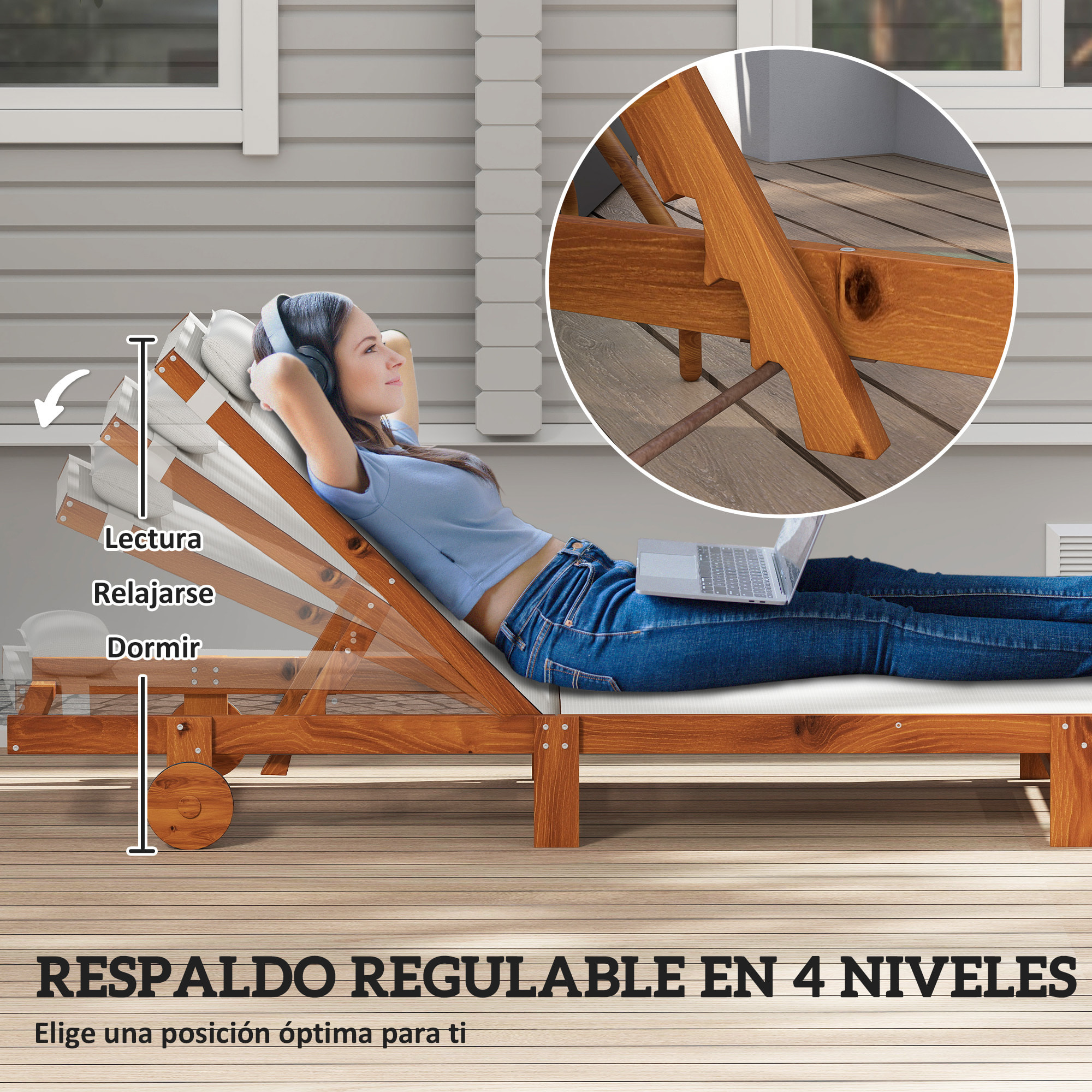Tumbona Reclinable de Madera con Ruedas Tumbona Jardín Exterior con Respaldo Ajustable en 4 Niveles y Reposacabezas Carga 120 kg para Patio Terraza Balcón 200x84x101 cm Blanca y Teca