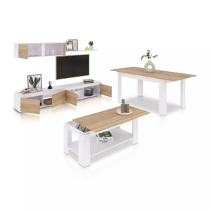 Pack salón con mesa de centro y mesa de comedor Arlet Max Blanco Artik (Blanco Mate) - Roble Canadian