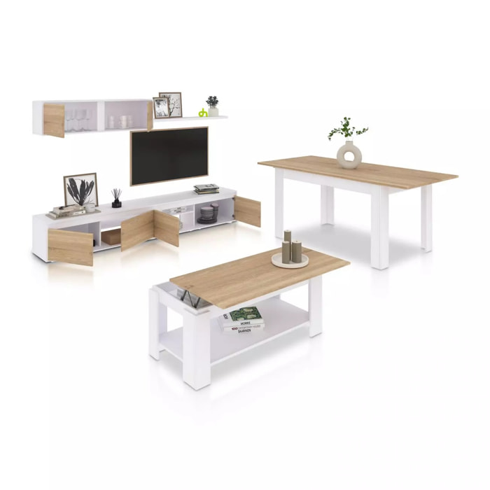 Pack salón con mesa de centro y mesa de comedor Arlet Max Blanco Artik (Blanco Mate) - Roble Canadian