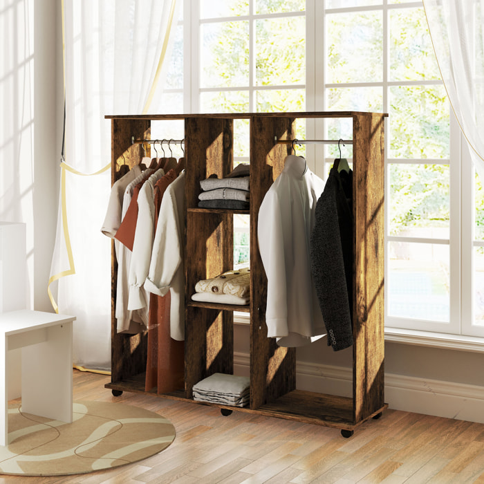 Armoire penderie meuble de rangement mobile 6 roulettes 120L x 40l x 128H cm panneaux de particules aspect bois vieilli