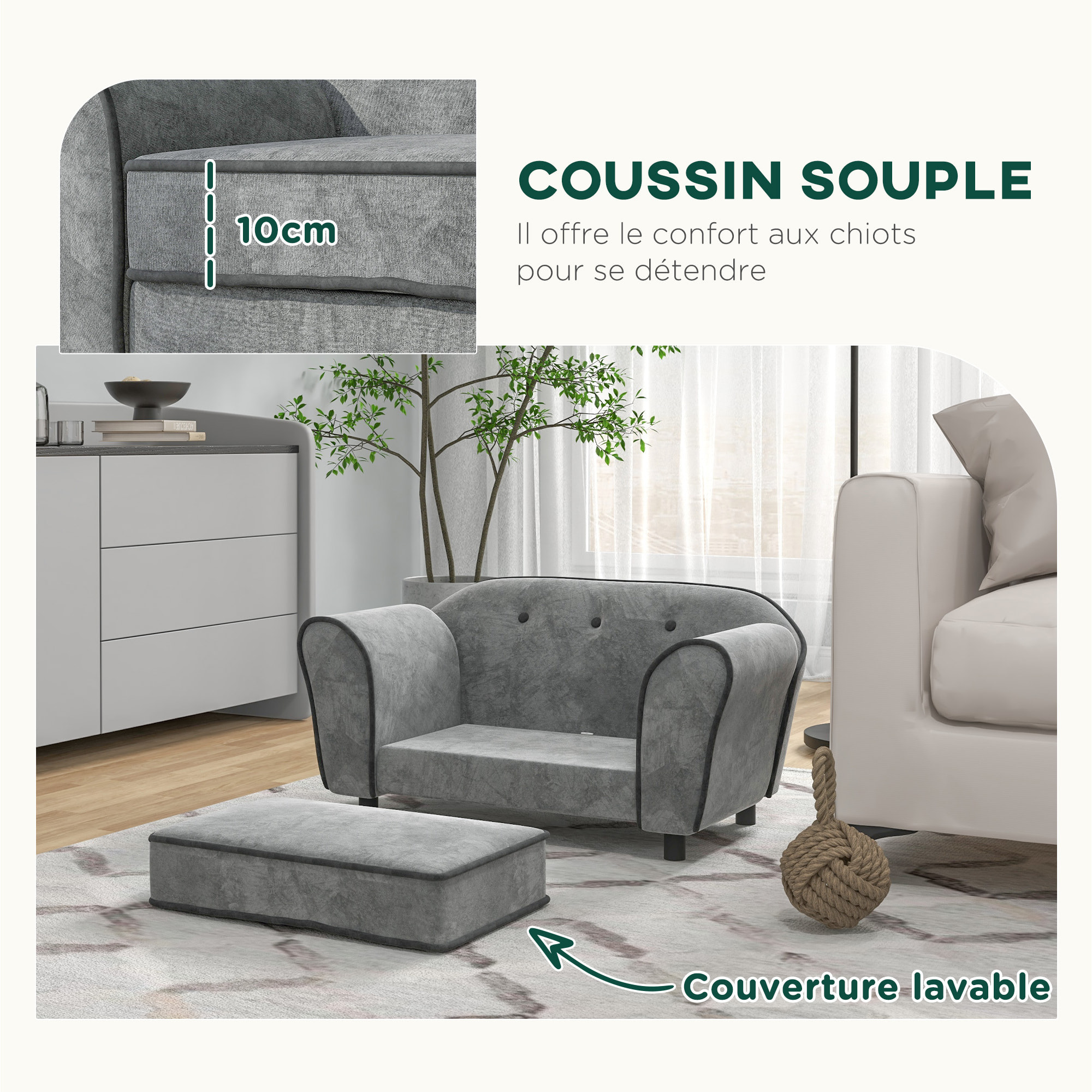 Canapé pour chien design - coussin déhoussable - dim. 74L x 41l x 32,5H cm - velours gris