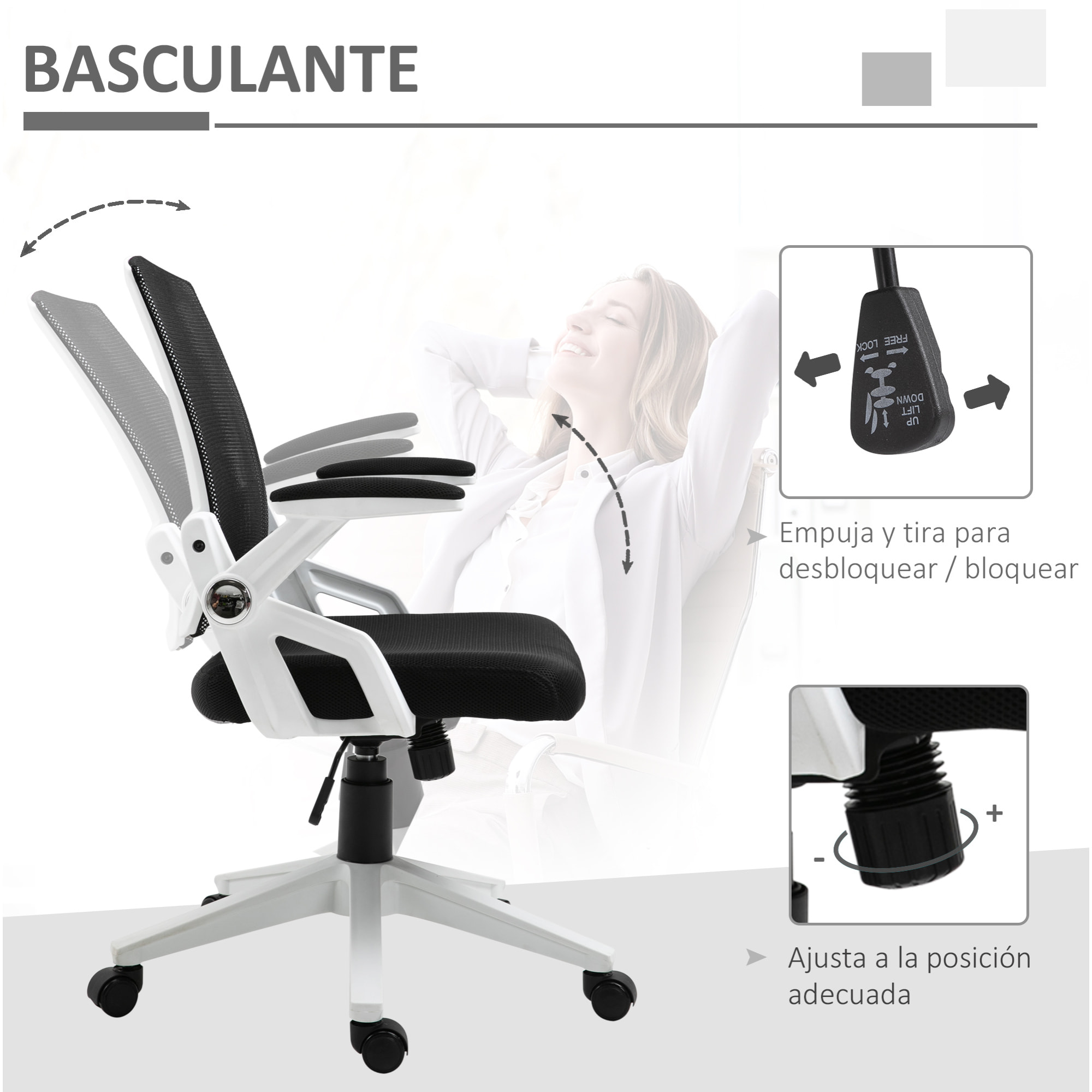 Silla de Oficina Ergonómica Silla de Juvenil con Altura Ajustable Reposabrazos Abatibles Soporte Lumbar y Respaldo Malla Transpirable 61x61x94-104 cm Negro