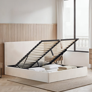 Lit Coffre Nemesis en Velours Beige, Grand espace de rangement, avec Tête de Lit, Sommier à Lattes Actives, Design et confortable