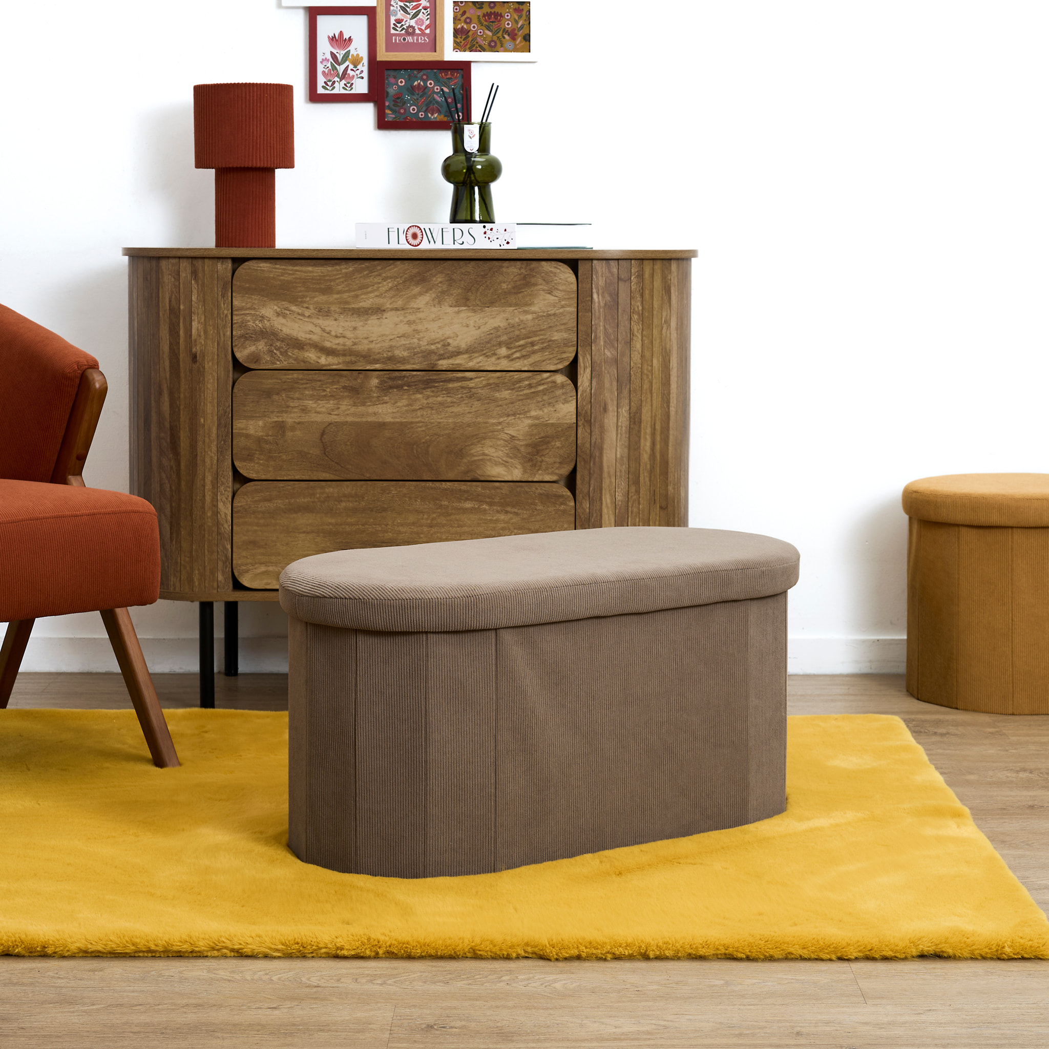 Coffre Banc Pliable - HOME DECO FACTORY - Jules - Tissu Côtelé - Marron